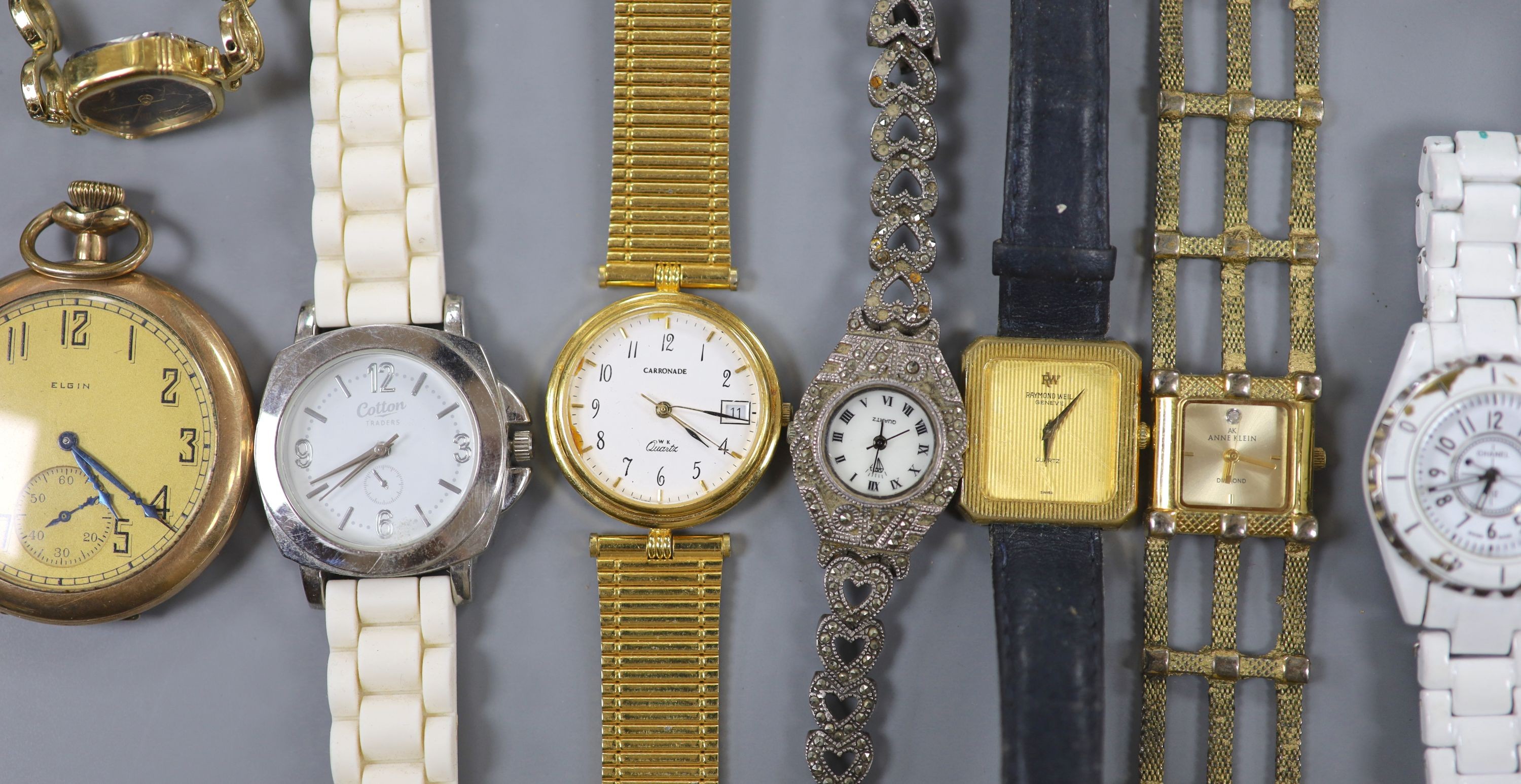 Two gold plated pocket watches including Elgin and a small quantity of minor wrist watches.